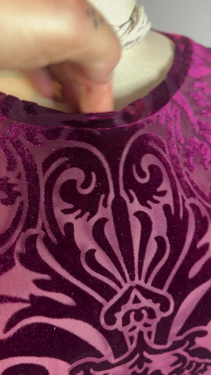 Burgundy Velvet Leotard, Sheer Mesh Bodysuit, Damask Pattern Unitard, Exotic Dancewear, Gymnastics Costume, Long Sleeve One Piece