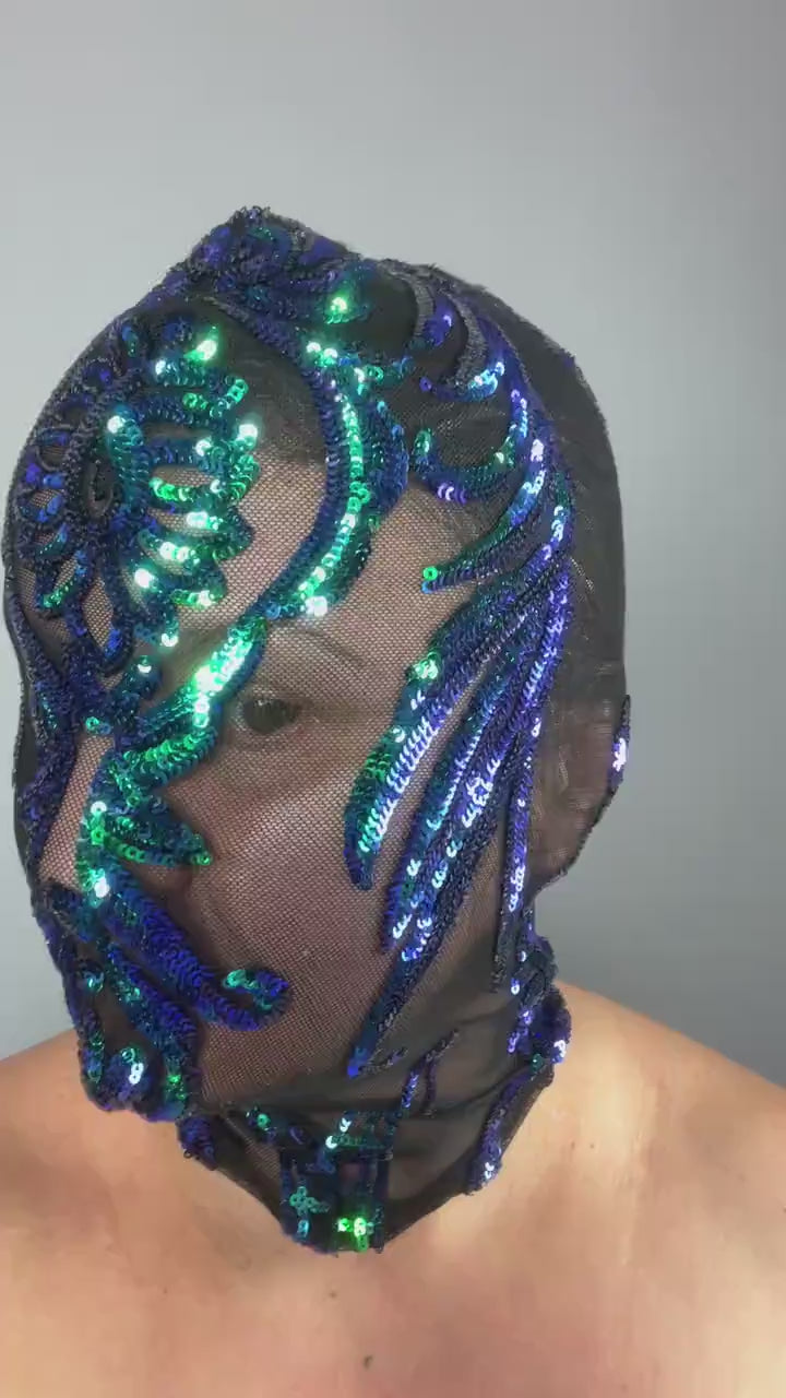 Sequin Mask, Blue and Green Headpiece, Sheer Mesh Face Cover, Futuristic Costume Accessory, Festival Fashion, Zipper Back