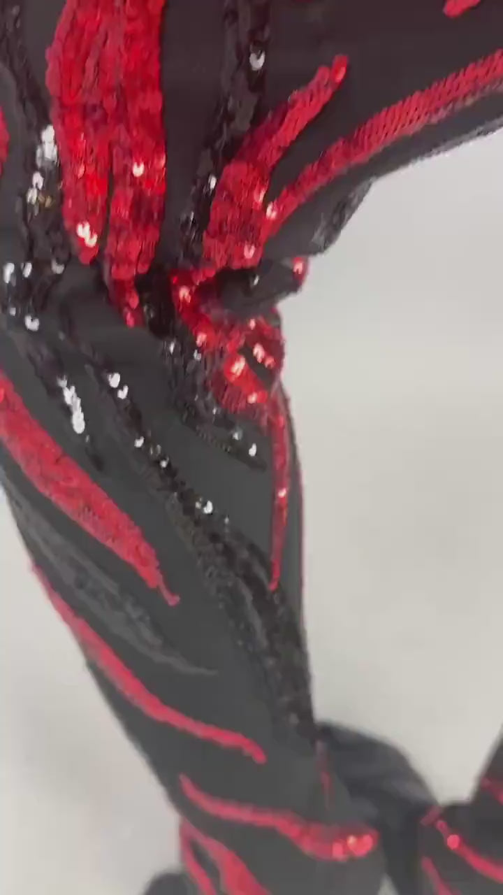 Vamp Costume, Fantasy Character, Red Sequin Catsuit, Halloween Demon Outfit, Exotic Dancewear, Flame Pattern Jumpsuit