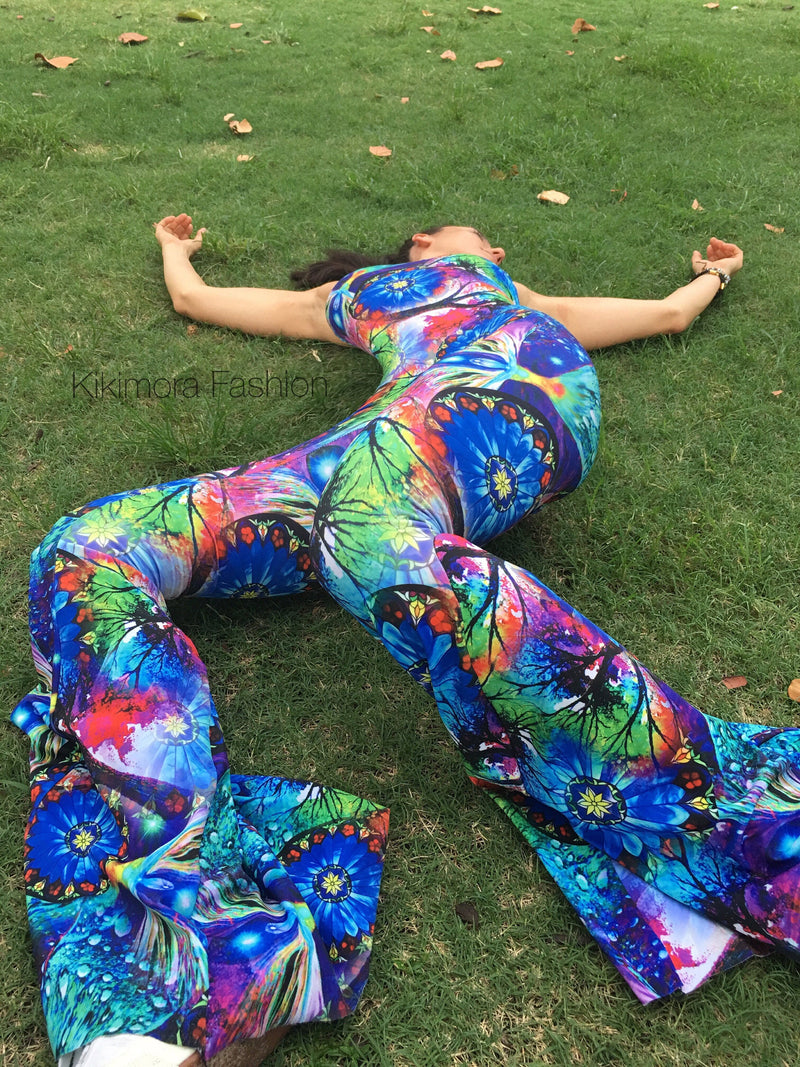 Psychedelic pattern Lycra Catsuit/ bodysuit/ jumpsuit/ open back/ bellbottoms/ costume/ festival wear/ yoga outfit/ active wear/ col