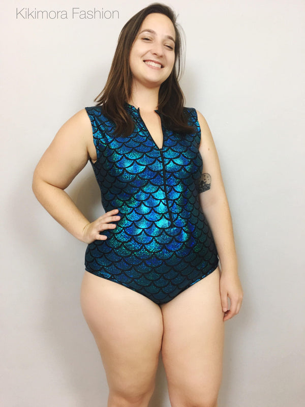 Mermaid! Turquoise and black pattern. Leotard/ bodysuit / bathing suit /activewear/ shiny outfit/ costume/ festival fashion/plussize /curvy