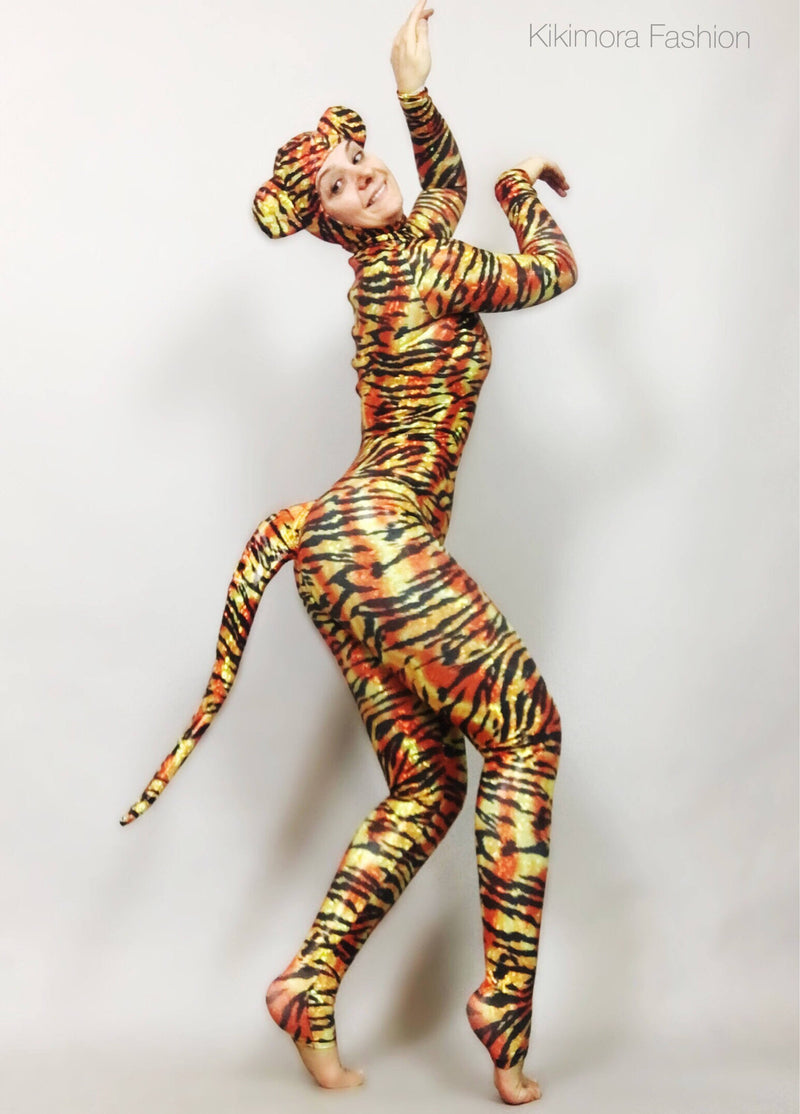 Adult Halloween costume for women or man, Halloween Costume, Cat Headpiece, Cat Tail,  tiger bodysuit, one piece tiger catsuit
