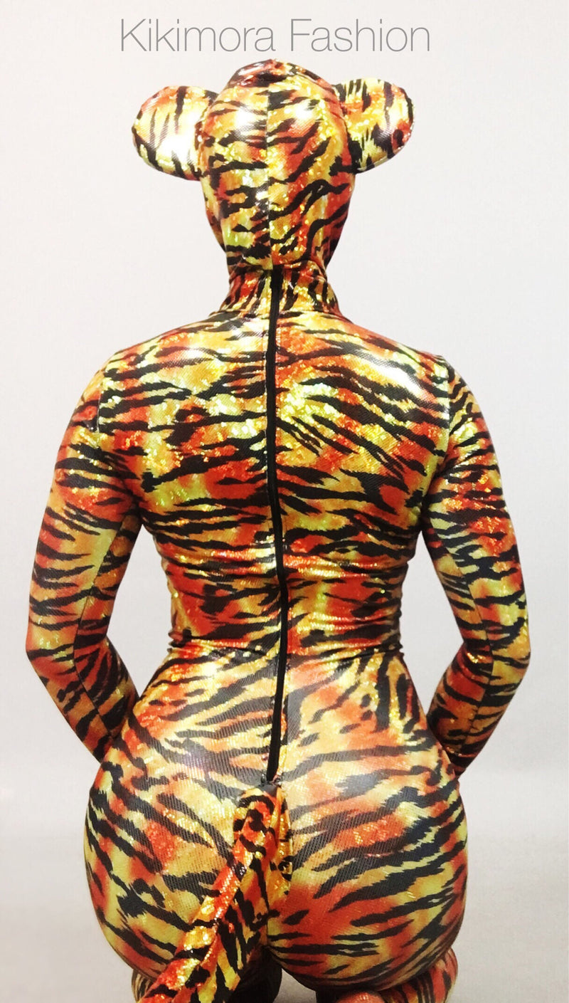 Adult Halloween costume for women or man, Halloween Costume, Cat Headpiece, Cat Tail,  tiger bodysuit, one piece tiger catsuit