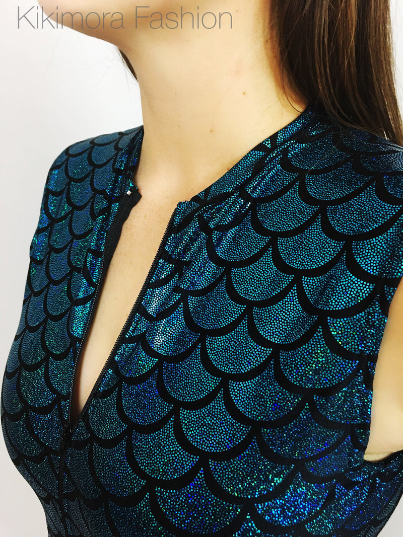 Mermaid! Turquoise and black pattern. Leotard/ bodysuit / bathing suit –  Kikimora Fashion Store