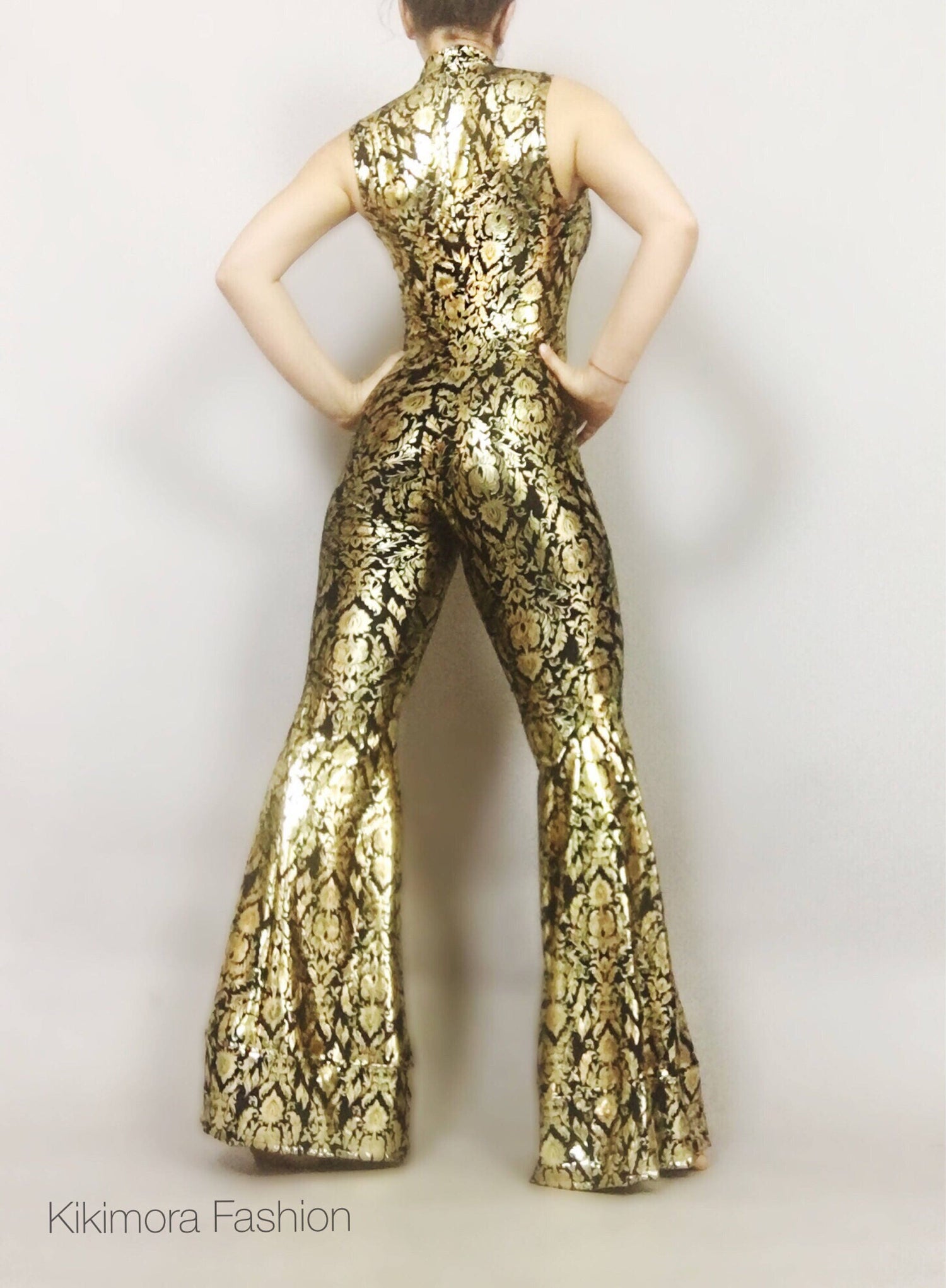 Gold Black Bell Bottom Catsuit, Glamorous Gold Black Shiny Catsuit, Bell Bottom Pants Hippie Festival Costume