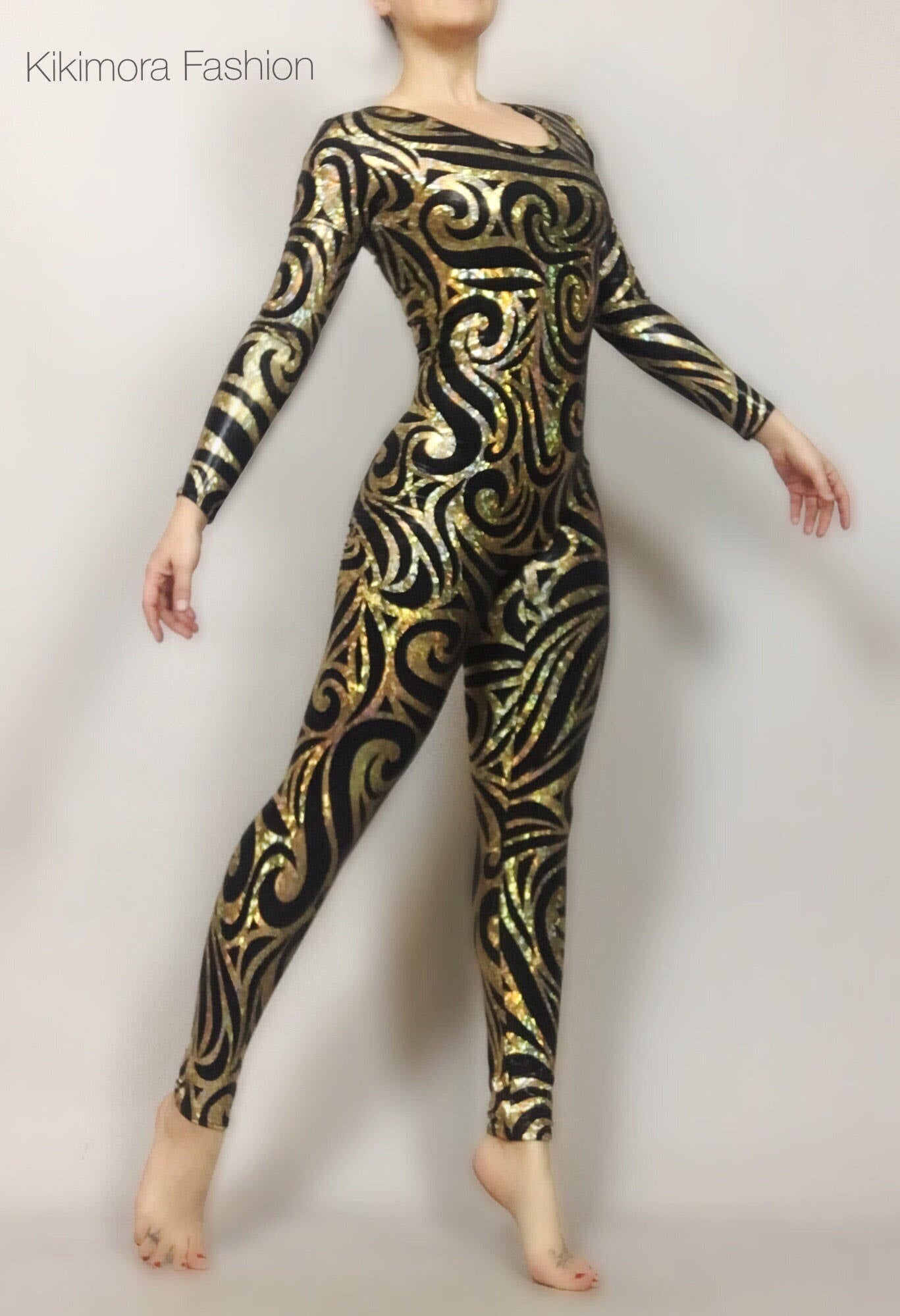 Black and Gold Catsuit, The Night Circus, Bodysuit Costume for Women or Men, Beautiful Spandex Catsuit, Exotic Dancewear