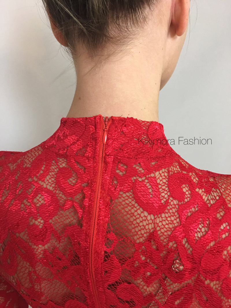 Red Sheer Lace Embroidered Bodysuit