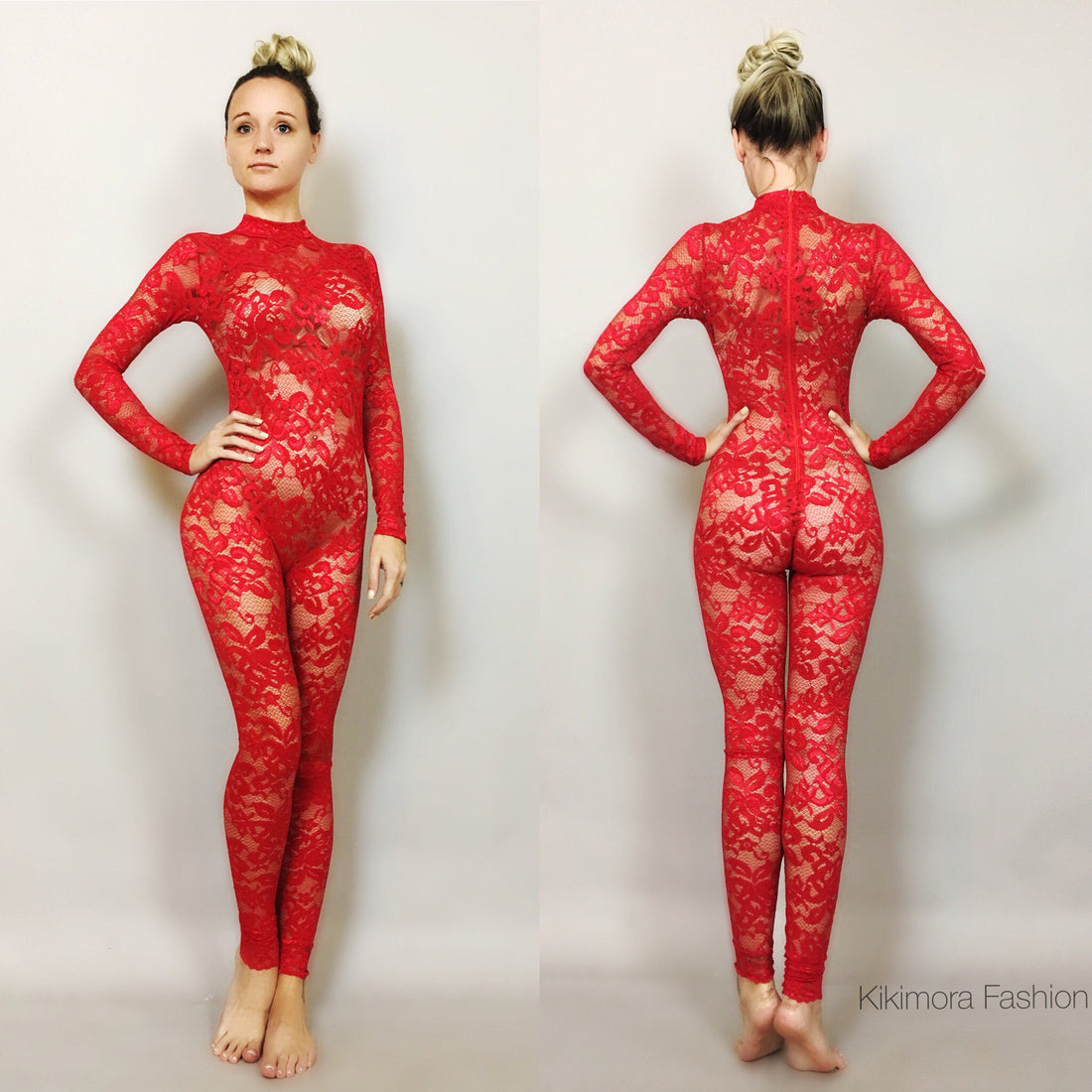 Red Sheer Jumpsuit, Lace Catsuit, Scoop Neck, Full Sleeves