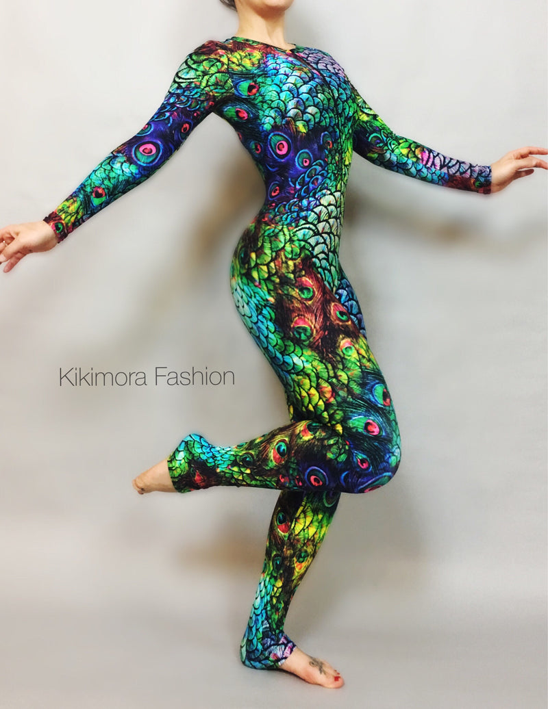 Peacock Print Spandex Catsuit, Contortionist unitard, Aerialist costume, Exotic Dance wear, Made by Measure, Limited edition