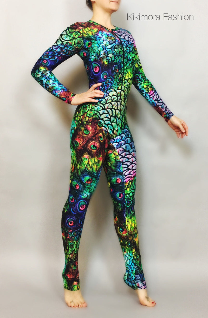 Peacock Print Spandex Catsuit, Contortionist unitard, Aerialist costume, Exotic Dance wear, Made by Measure, Limited edition