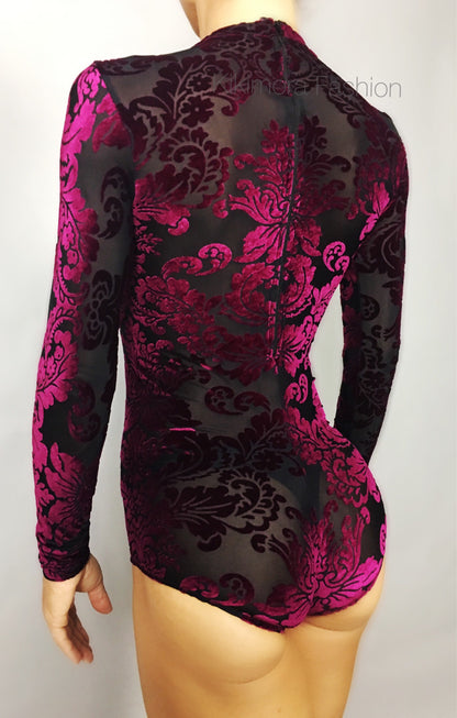 Velvet Leotard, Beautiful Gymnastic Costume, Exotic Dancewear, Trending Now, Sheer Bodysuit