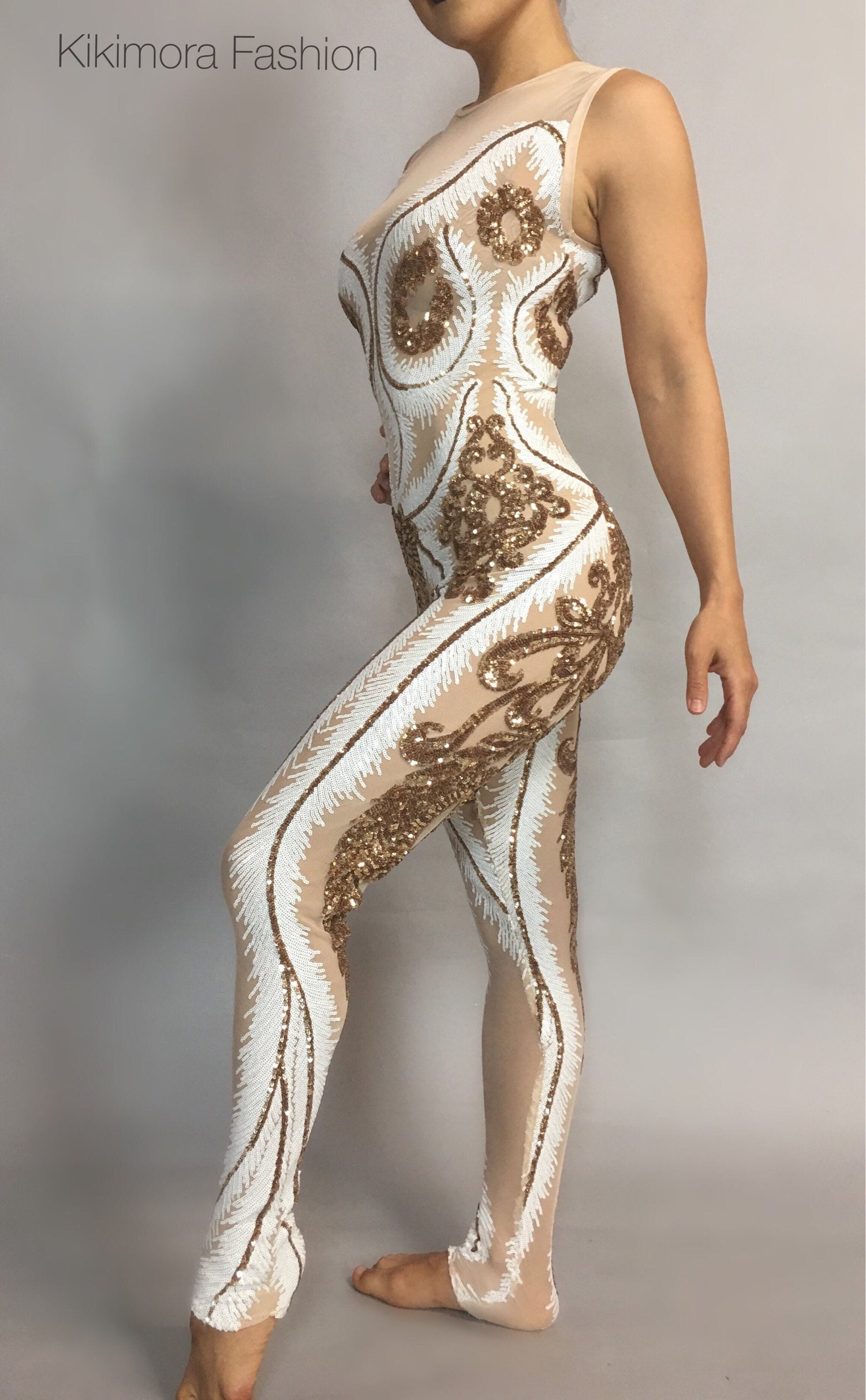 Sequin Bodysuit, Sheer Catsuit, Costume for Contortionist, Gymnast, Dancewear, Wedding Jumpsuit