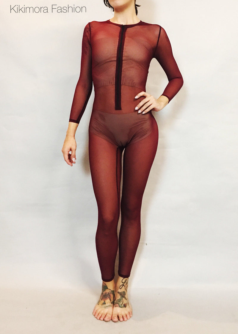 Dark Chery Mesh Catsuit. Bodysuit, costume for dancers, circus performers , festival party.