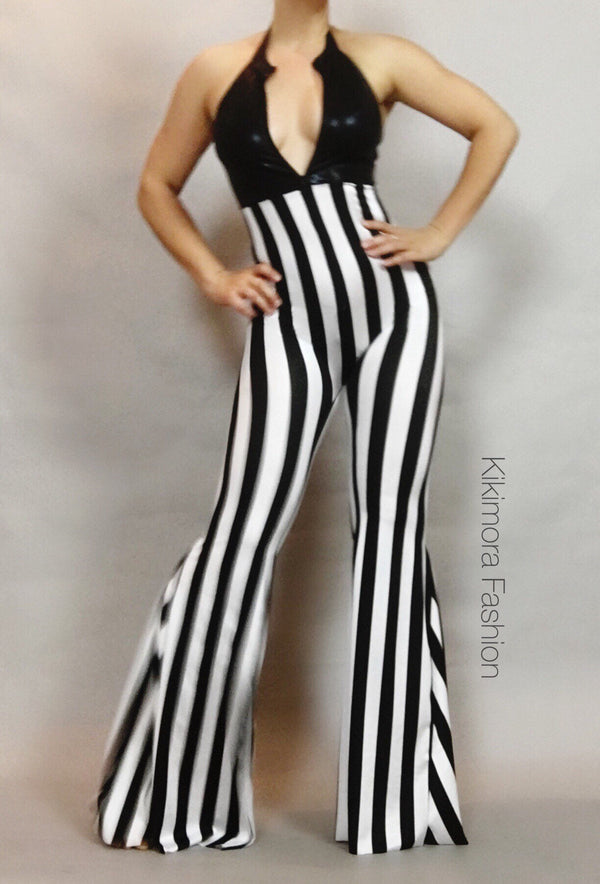 Bellbottom jumpsuit, Disco style catsuit, Festival fashion, Dance wear, Circus theme party outfit, Trending now, Made in USA.