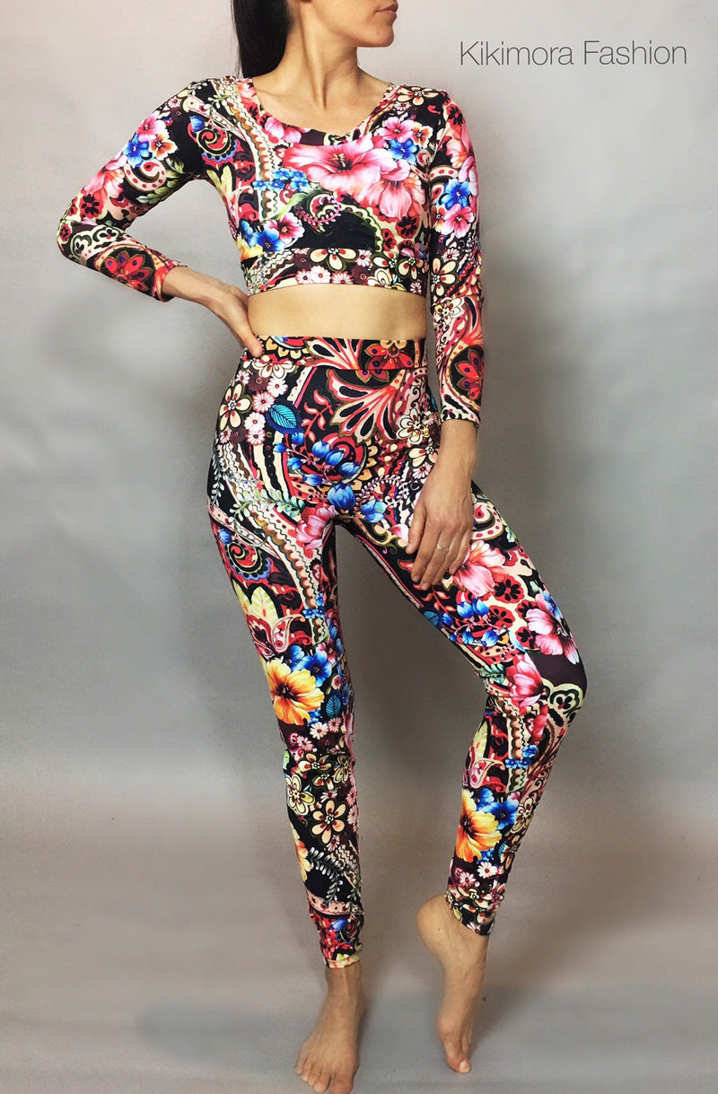 High Low Flower Print Mock Button Long Sleeve Tops And Crossover Elastic  Waist Leggings Outfit – Expreso Shop