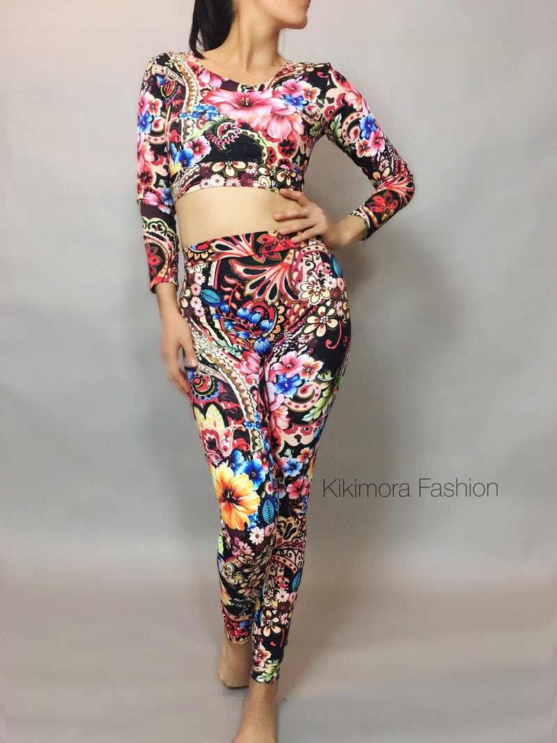 Spring Flower print. Leggings for woman, Cute crop top , Activewear, s –  Kikimora Fashion Store