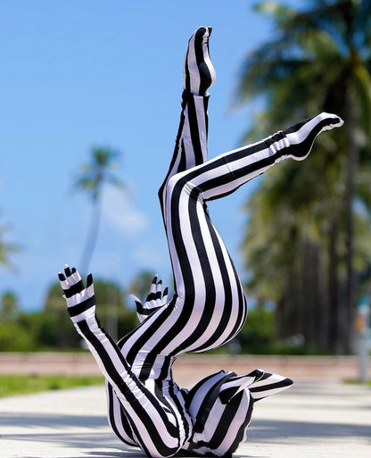 Black &amp; White Striped Catsuit Costume - Headpiece With Cat Ears, Gloves, Socks, Glow-In-The-Dark (Custom Made for Zentai and Dance Performance)