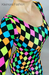 Diamond clown- catsuit bodysuit , glow costume for gymnastics , dance and curcus performers.