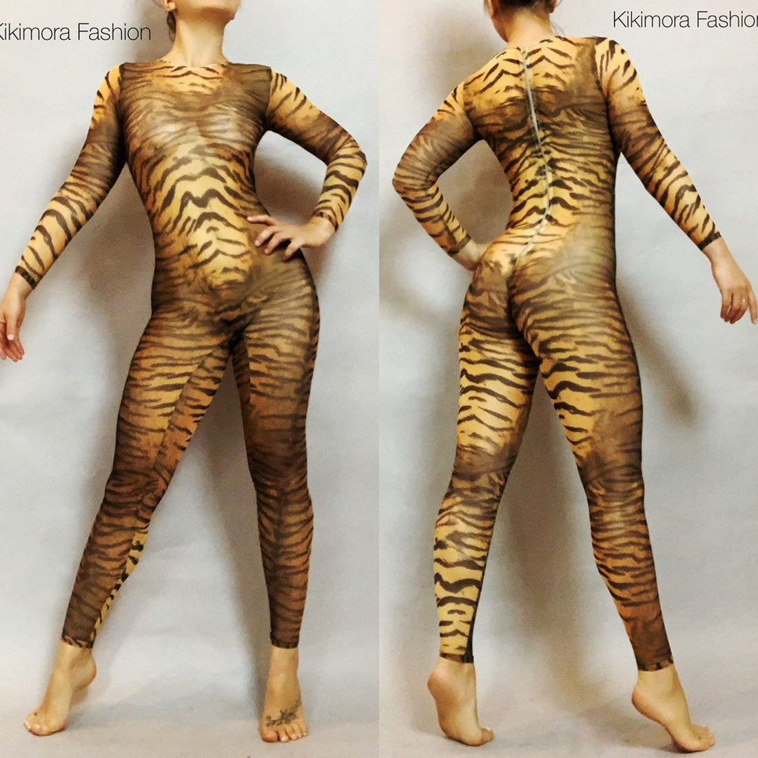 Tiger Print Sheer Catsuit, Power Mesh Bodysuit, Full Sleeves