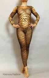 Tiger catsuit, Beautiful sheer bodysuit made from Power mesh, Good for woman or man, exotic dance wear, aerialist gifts, made in usa