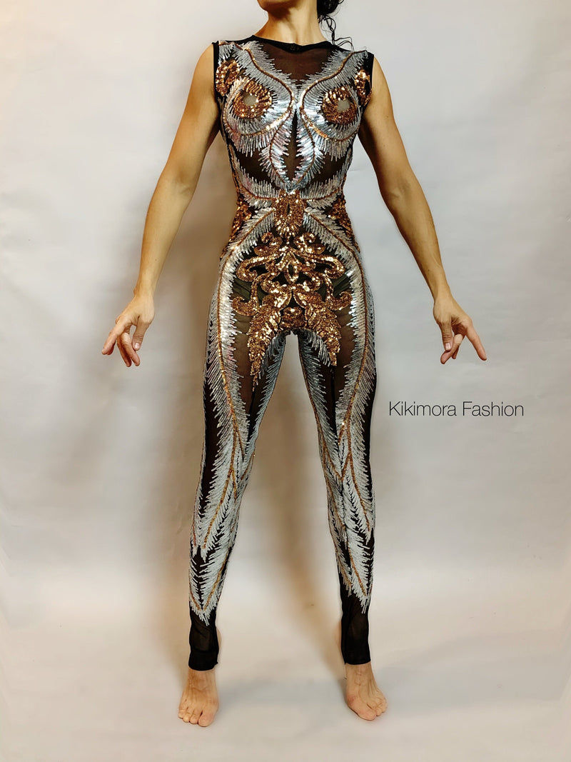 Sheer catsuit, sequins jumpsuit , circus costume, dance wear, gogo outfit, contortionist unitard , Aerial gifts.