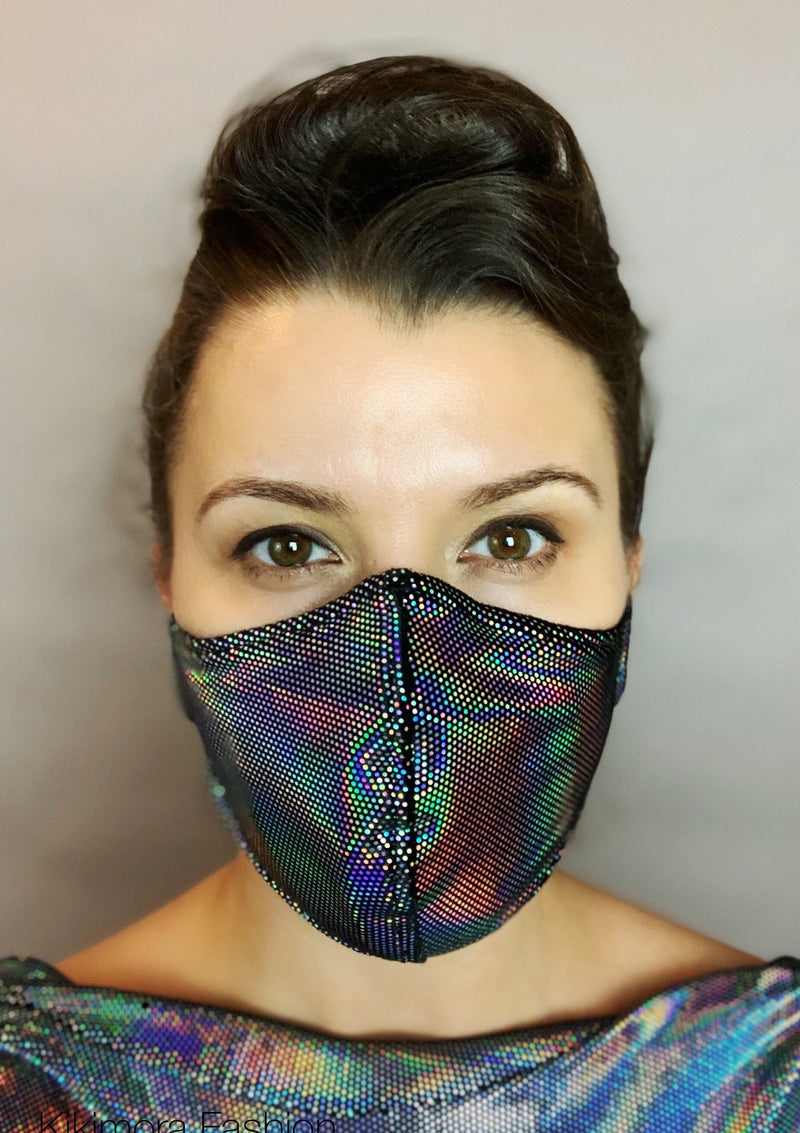 Beautiful Black Iridescent face mask, breathing mask,Reusable shiny velvet ,  Hepa filter