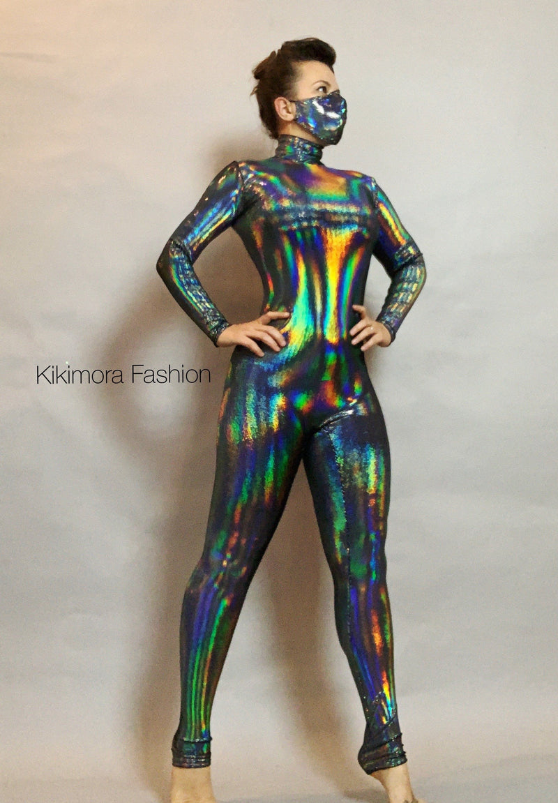 Iridescent Black catsuit, jumpsuit costume for dancers, circus performers, aerialists, contortionist.