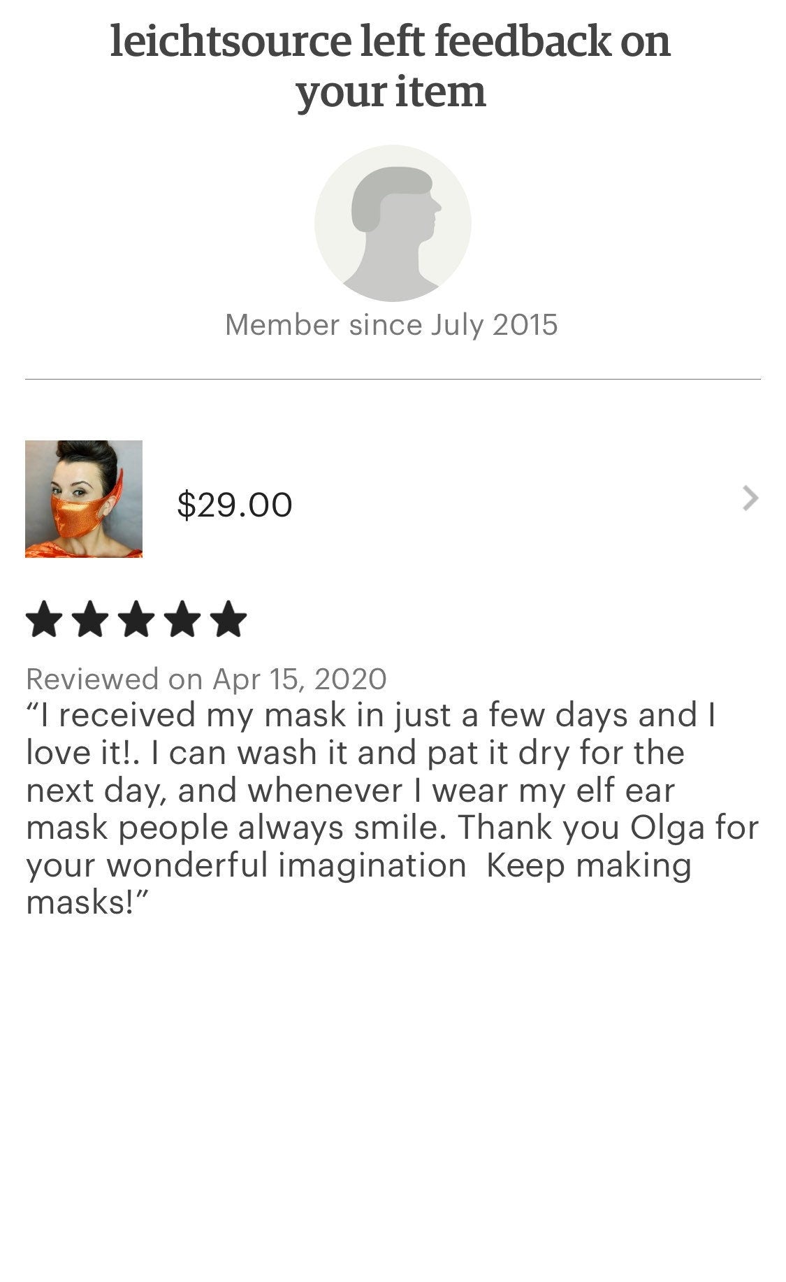 A review praises the Elf Ears Face Mask for All Ages, highlighting its comfy Lycra fabric. The profile photo and $29.00 price emphasize this reusable, futuristic accessory—perfect for fans of sustainable fashion and Mandalorian Baby Yoda.