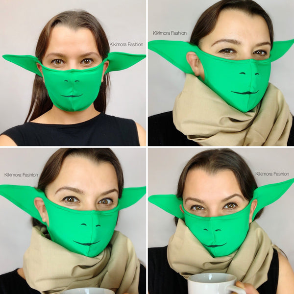 Beautiful Baby Yoda costume, Star Wars face mask, Mandalorian baby Yoda, Elf ears face mask for all ages, Reusable elf mask