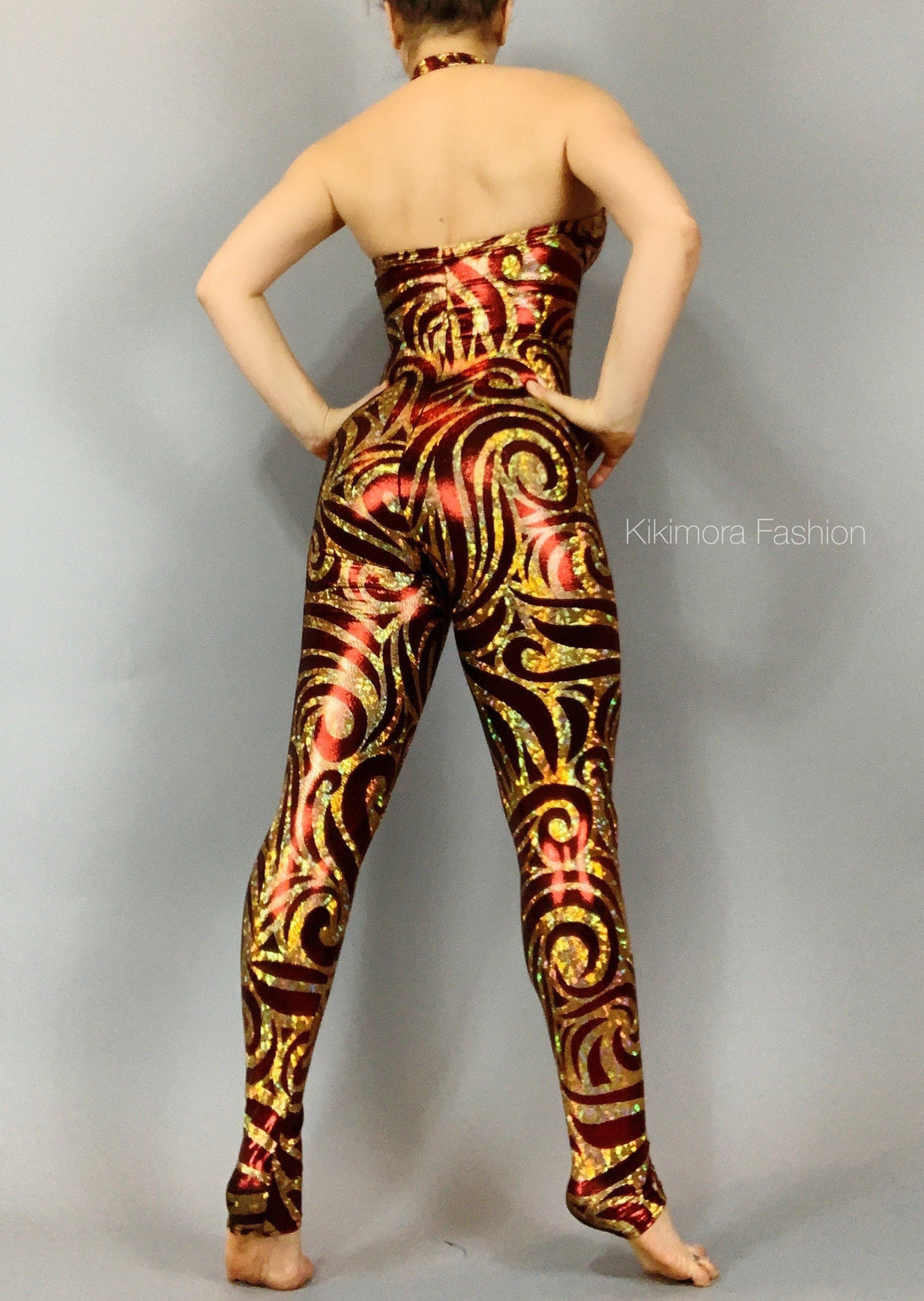 Red and Gold Shiny Catsuit, Open Back, Front Zipper, Sleeveless