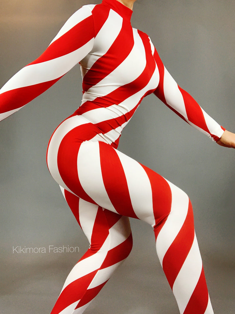 Candy cane bodysuit for woman or man, showgirl costume, beautiful spandex jumpsuit, Contirtionist jumpsuit, made in USA.