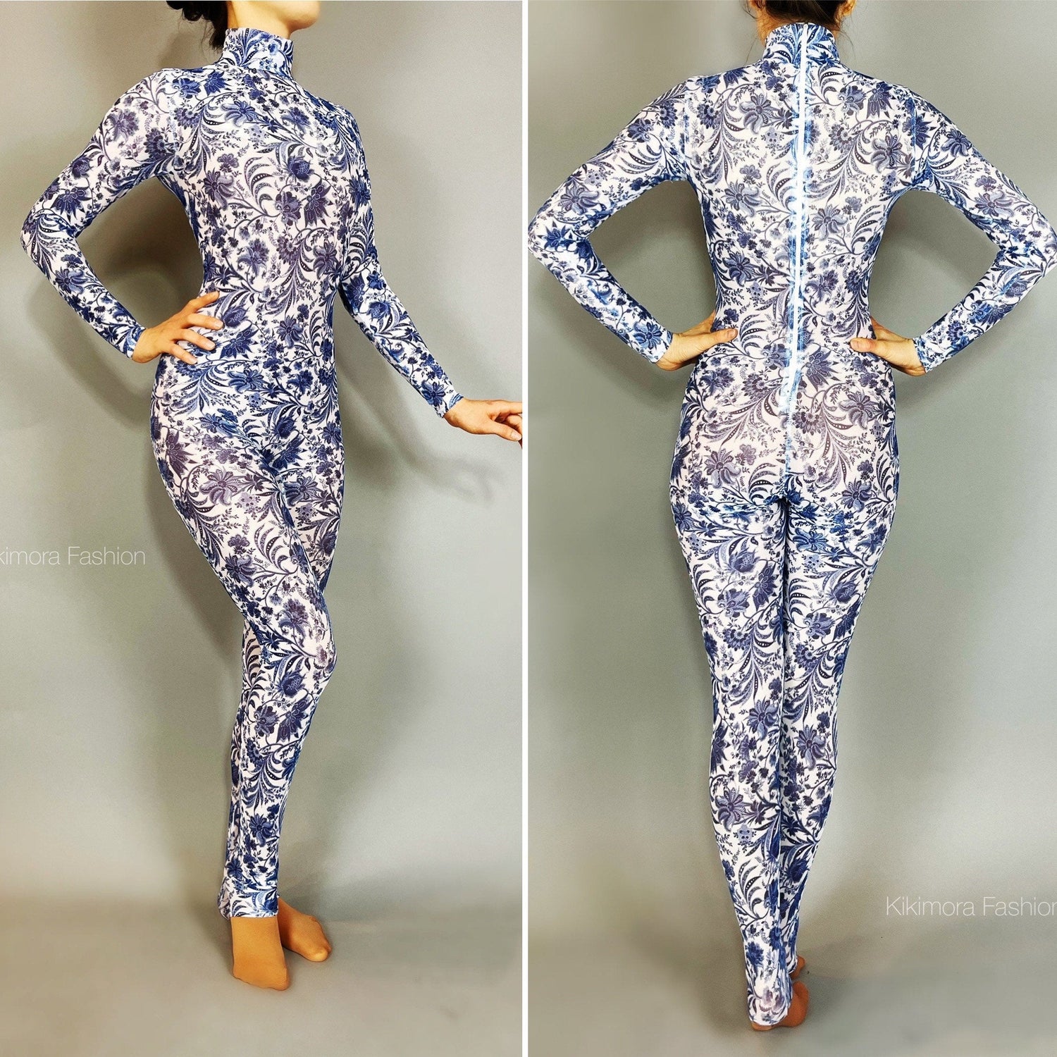 White and Blue Floral Catsuit, Porcelain Power Mesh Spandex Jumpsuit, Full Sleeves, Turtleneck