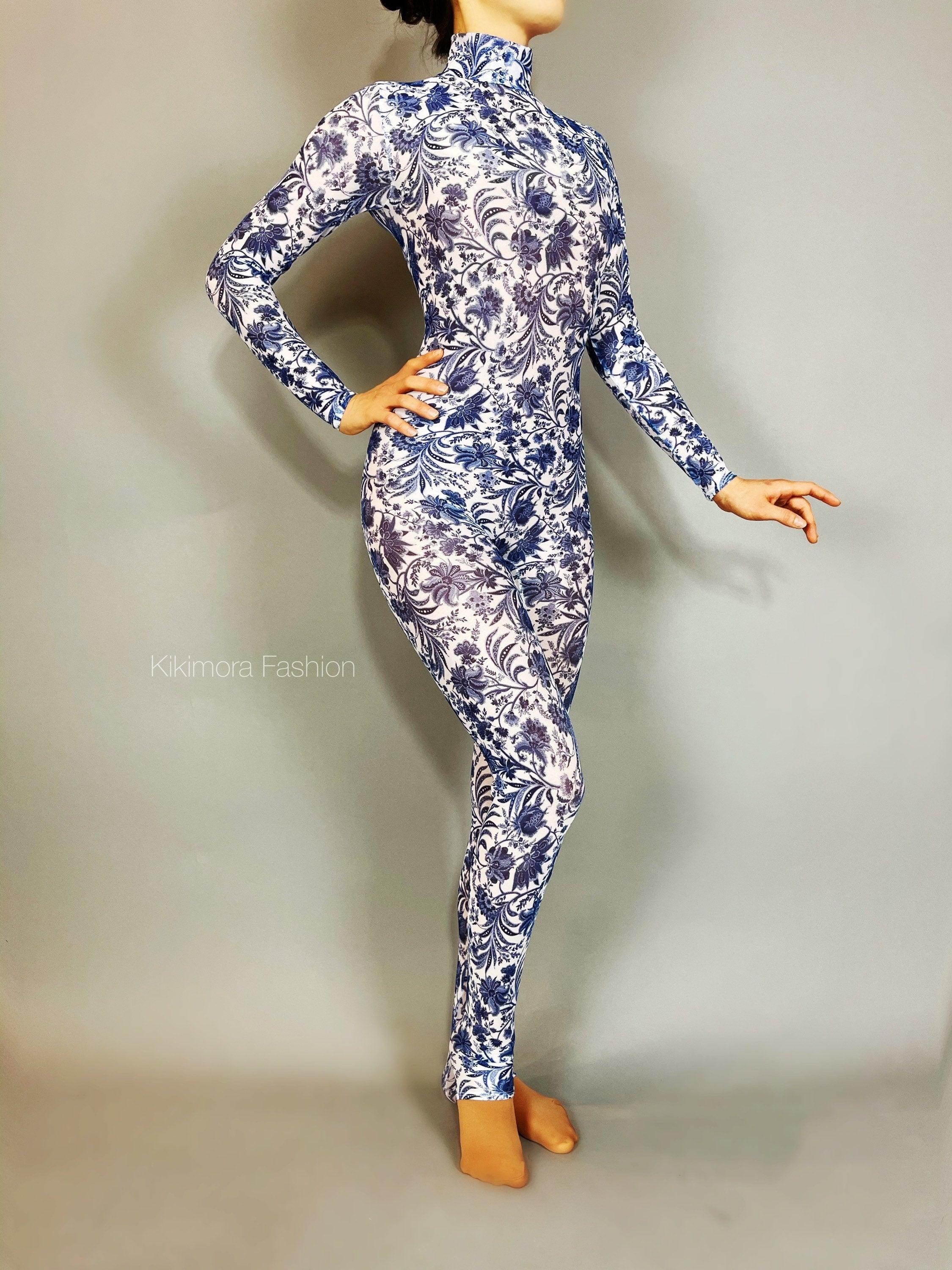 White and Blue Floral Catsuit, Porcelain Power Mesh Spandex Jumpsuit, Full Sleeves, Turtleneck