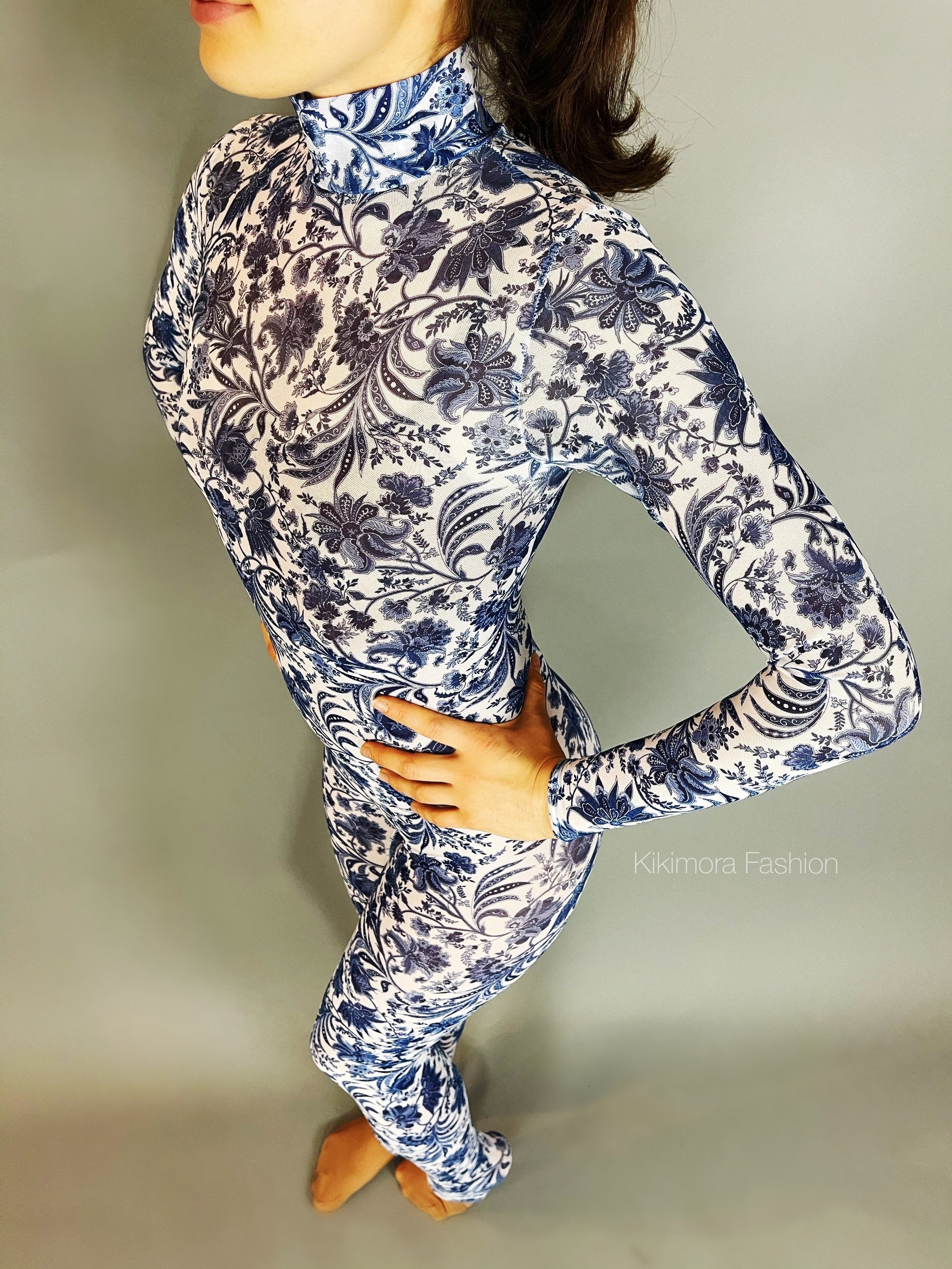 White and Blue Floral Catsuit, Porcelain Power Mesh Spandex Jumpsuit, Full Sleeves, Turtleneck