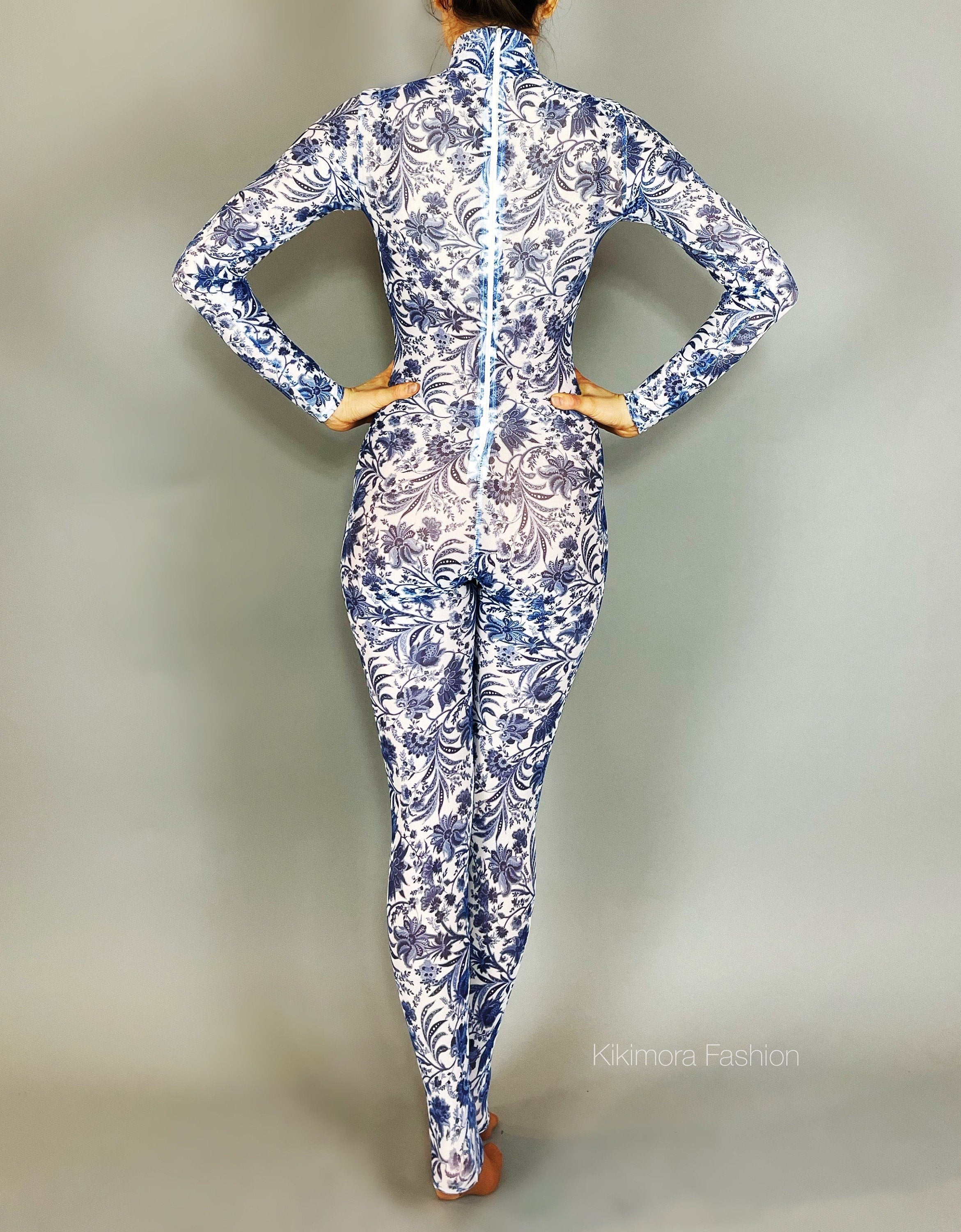 White and Blue Floral Catsuit, Porcelain Power Mesh Spandex Jumpsuit, Full Sleeves, Turtleneck