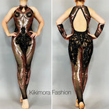 Show Girl costume, Sexy Open back,Sequins mesh Catsuit. Unitard for contortionist, Sheer Jumpsuit, Dance party outfit.