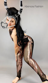 Show Girl costume, Sexy Open back,Sequins mesh Catsuit. Unitard for contortionist, Sheer Jumpsuit, Dance party outfit.