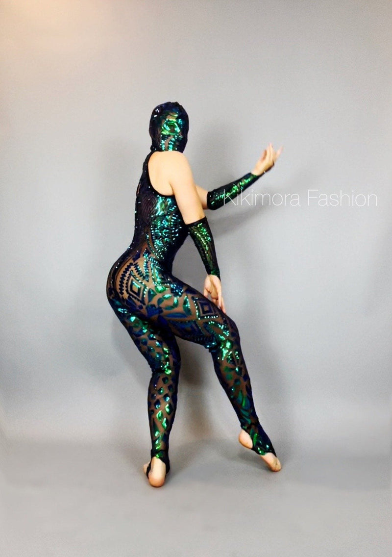 Catsuit with Accessories, Showgirl costume, Dance outfit, Face-cover Headpiece, Gymnastic Unitard, Trending now.