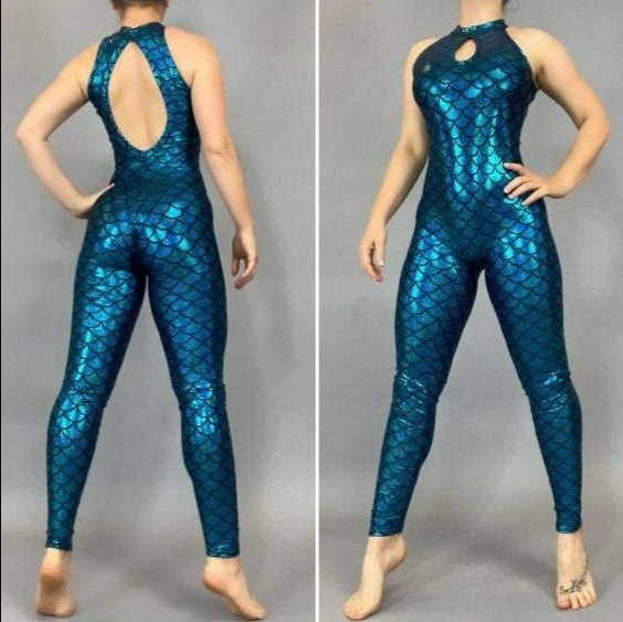 A person gracefully wears the Mermaid Catsuit, a shimmering blue-green contortion costume with a mermaid print, pictured from both the back and front against a gray backdrop, capturing an enchanting underwater allure.