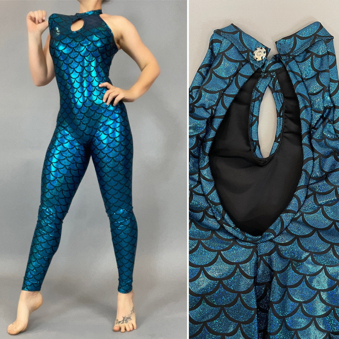 A person wears the Mermaid Catsuit, a contortion costume with a shimmery blue scale-pattern that evokes mermaid print, featuring an elegant cape and showcasing an intricate back design.