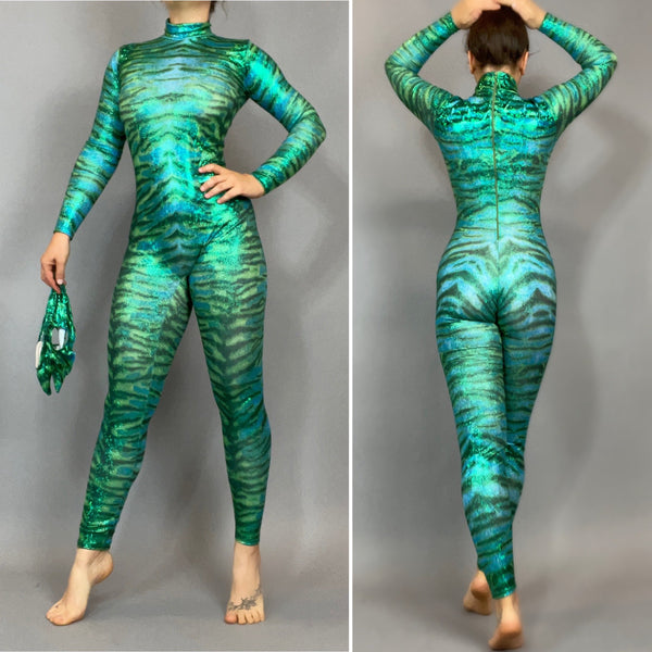 Tiger Green. Catsuit, bodysuit costume for aerial ,contortion show.