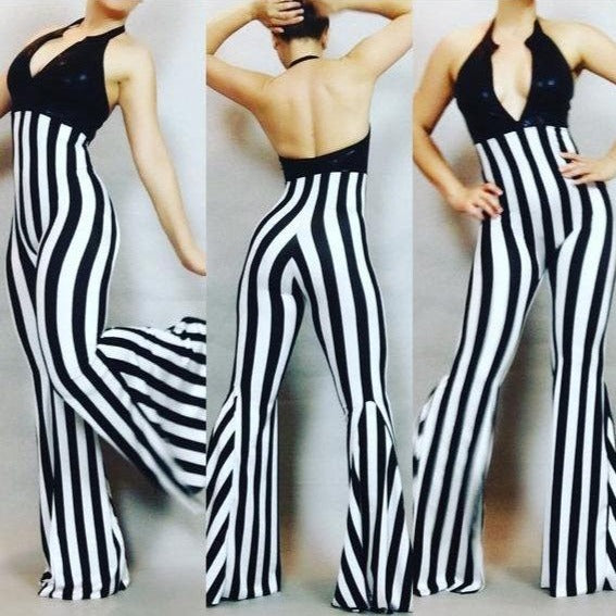 Bellbottom jumpsuit, Disco style catsuit, Festival fashion, Dance wear, Circus theme party outfit, Trending now, Made in USA.