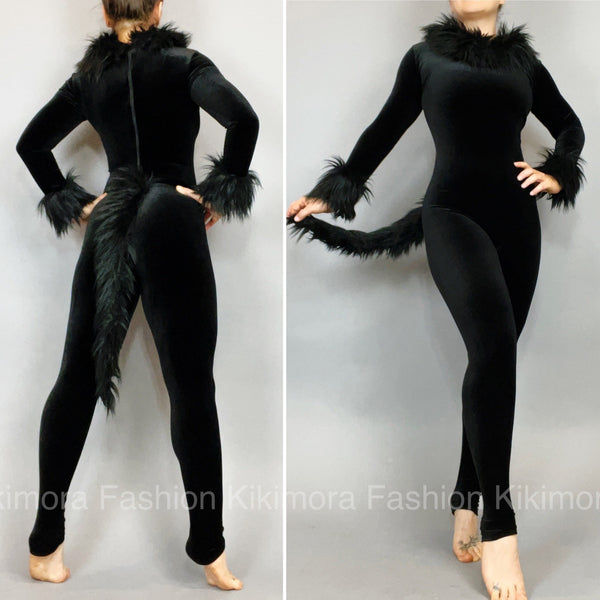 Black cat costume, exotic Dance wear, Cat woman, velvet Catsuit, trending now.
