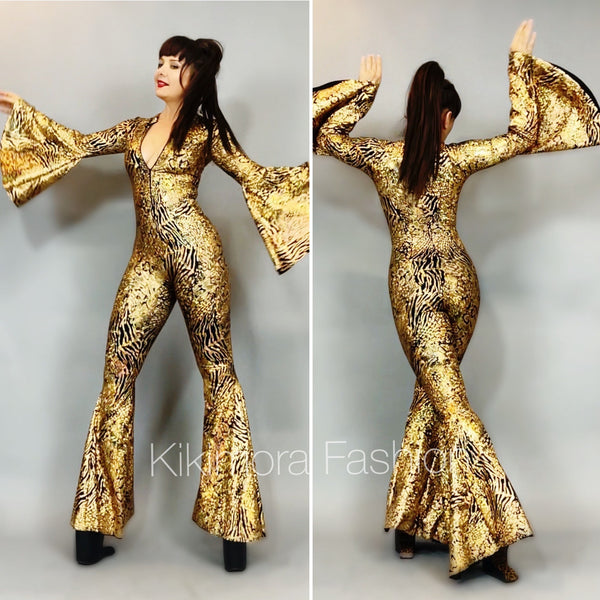 Gold bell bottom jumpsuit clearance