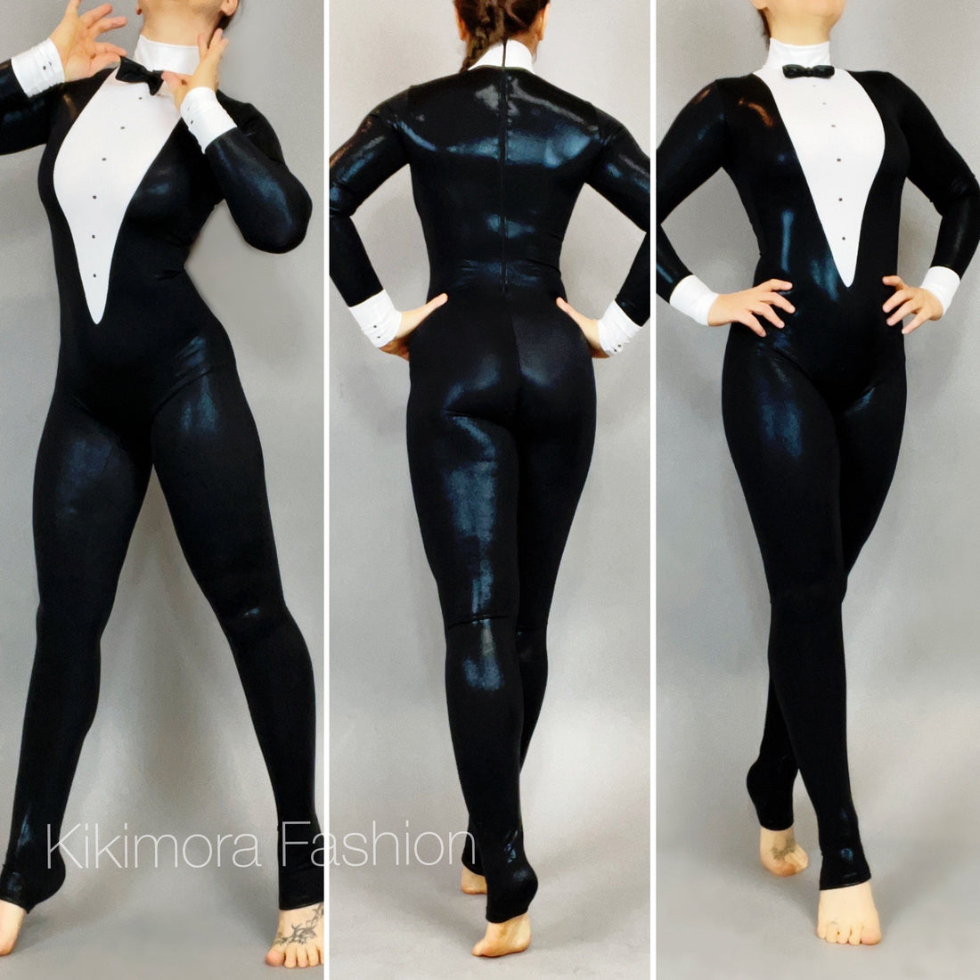 Unisex Black and White Tuxedo Catsuit, Full Sleeves Stagewear, Turtleneck, Bow