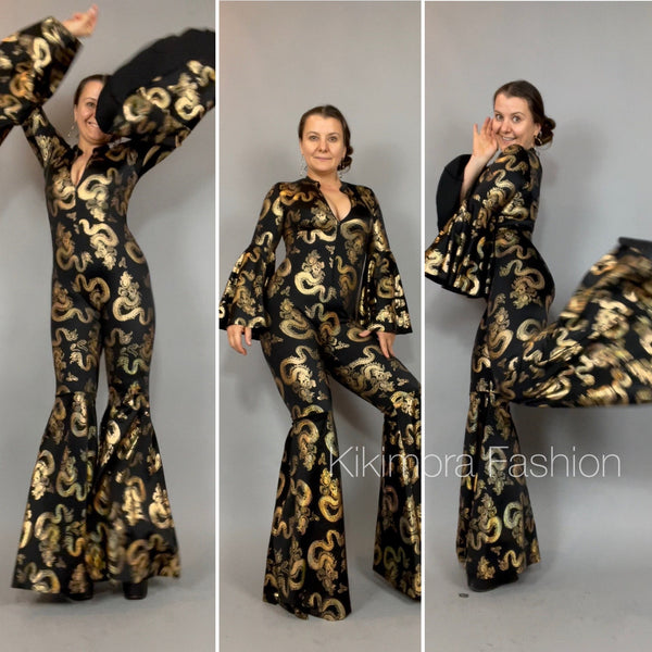 Disco jumpsuit. Custom Bell bottom Catsuit. Elegant Party jumpsuit. Made by measure. Dragon print.