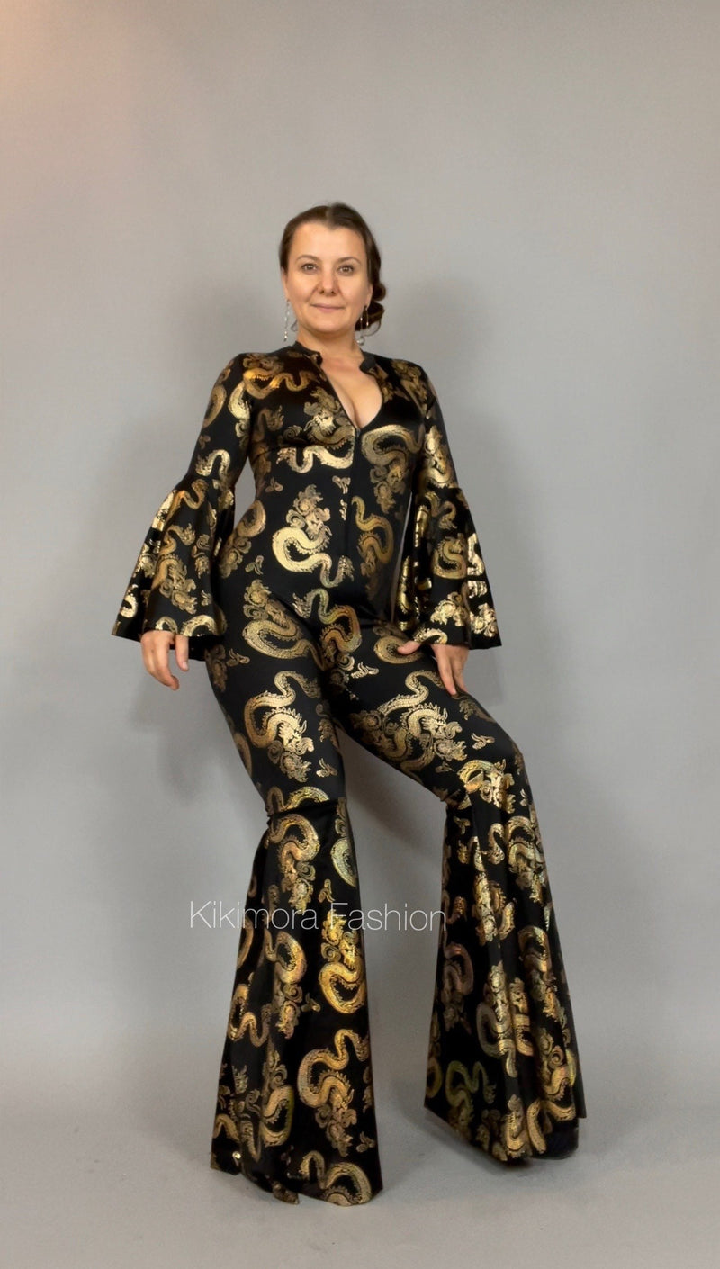 Disco jumpsuit. Custom Bell bottom Catsuit. Elegant Party jumpsuit. Made by measure. Dragon print.