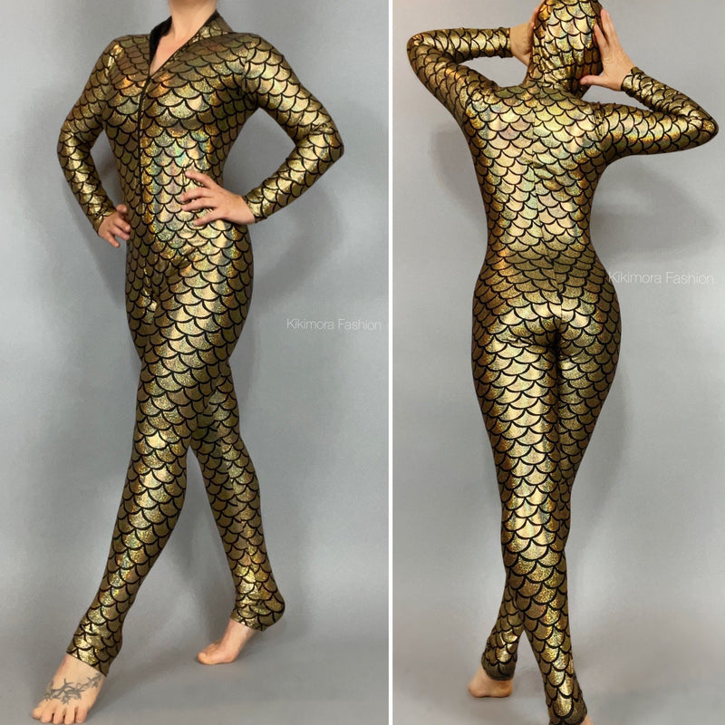 Mermaid catsuit, hoody, Under the sea outfit, bodysuit for woman or man, Spandex jumpsuit,Exotic dance wear.