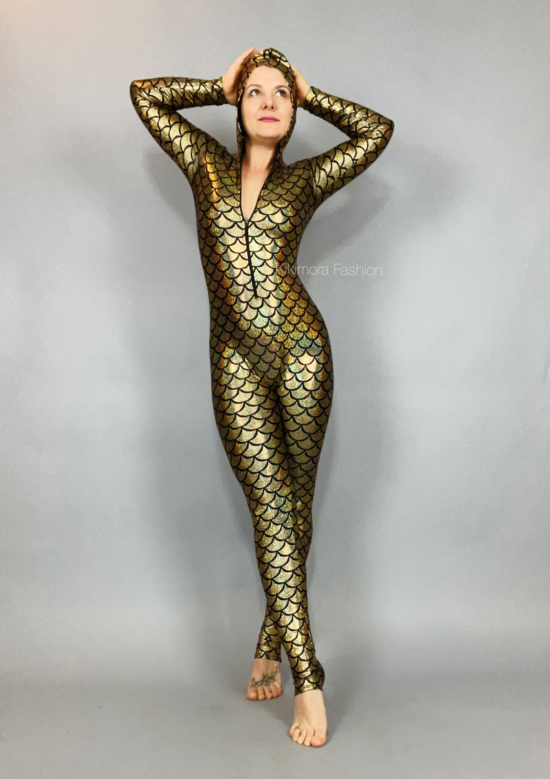 Mermaid catsuit, hoody, Under the sea outfit, bodysuit for woman or man, Spandex jumpsuit,Exotic dance wear.