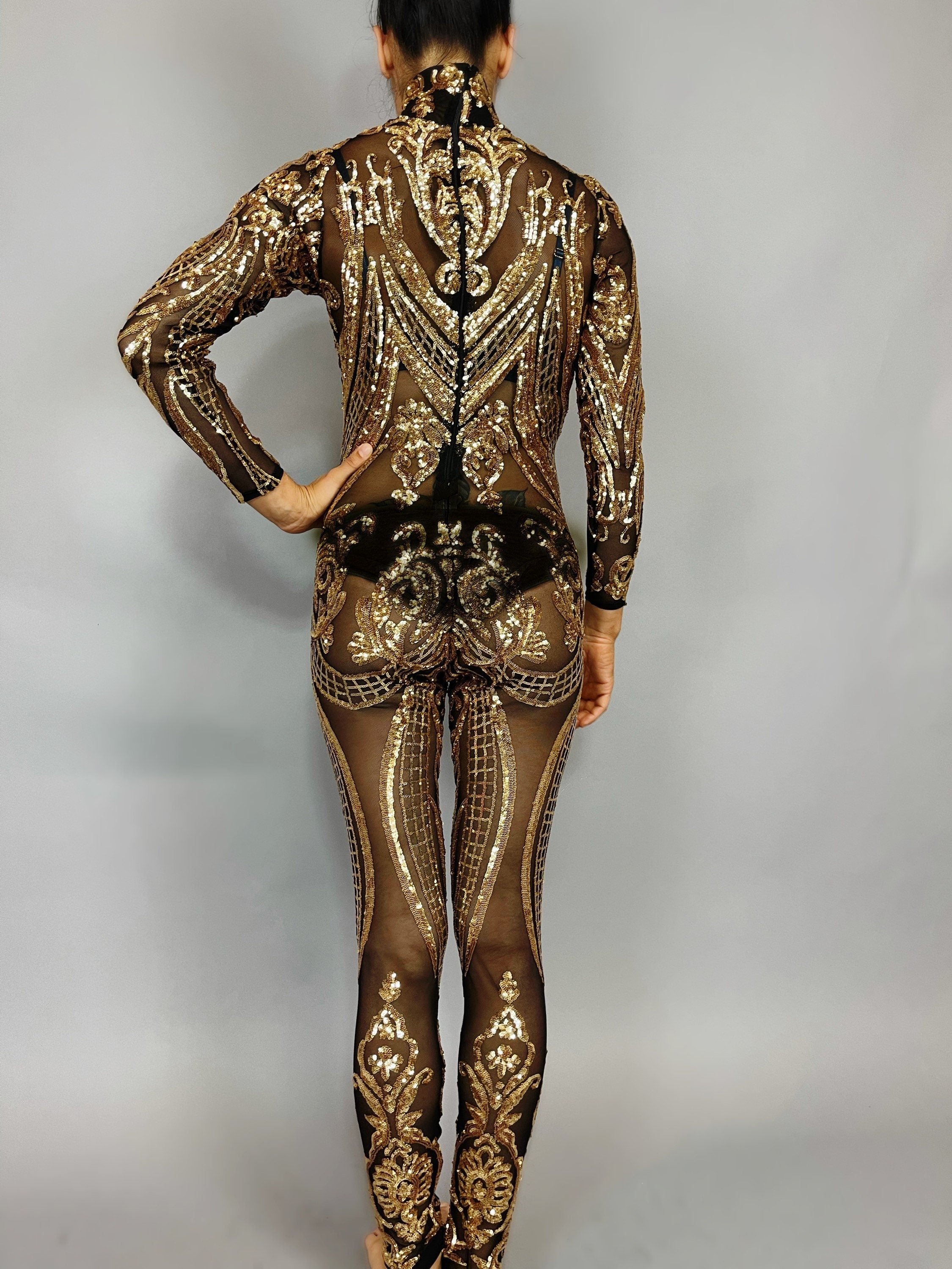 Gold Sequins Catsuit, Contortionist Costume, Elegant Sexy Fashion for Dancers, Circus Performers, Party Outfit, Stage Clothing